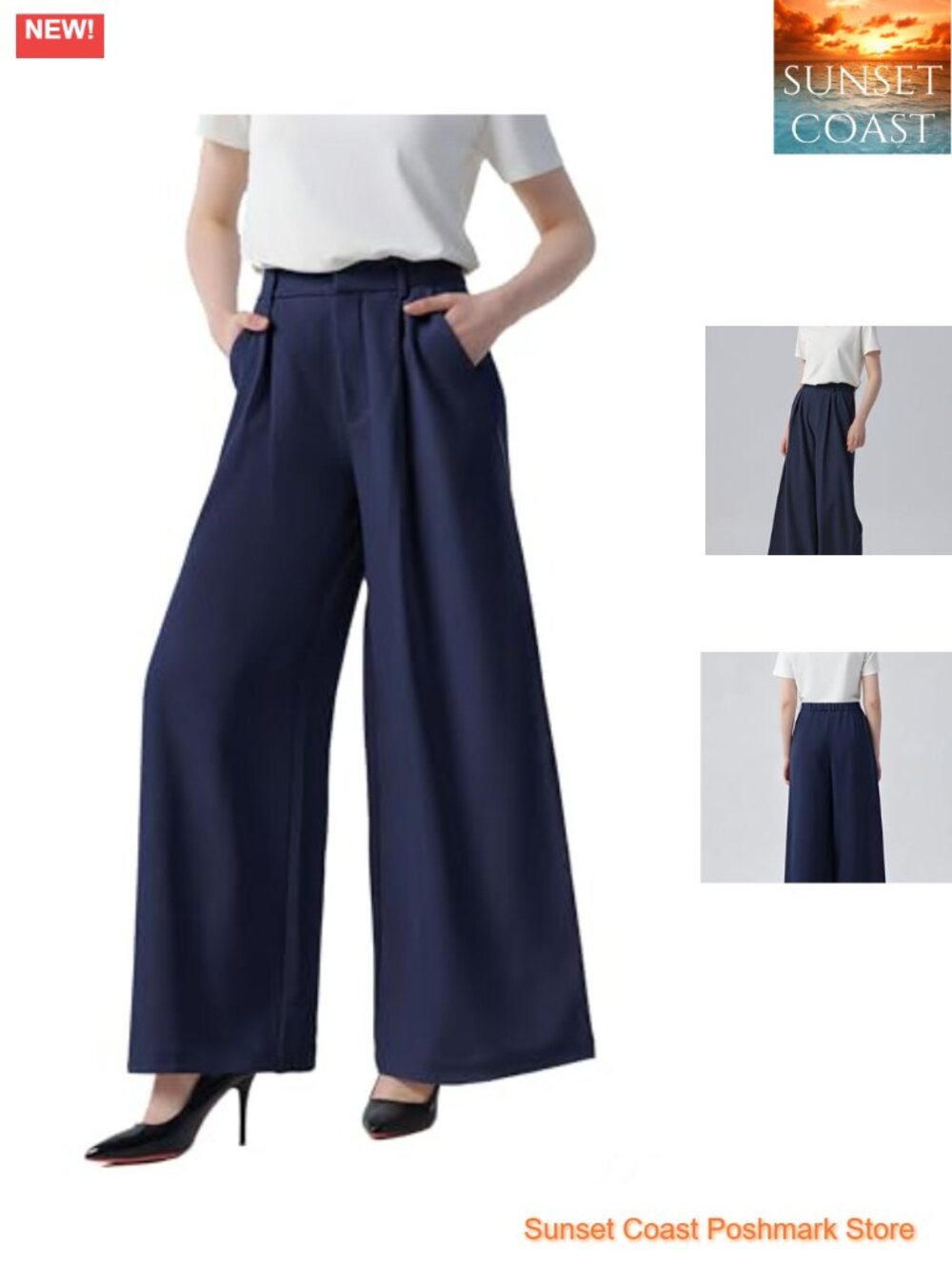 High Waist Wide Leg Palazzo Pants with Pleats, Slant Pockets, Back Elastic